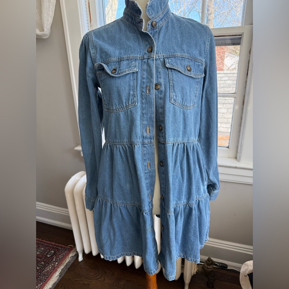 Free People  Tiered Button-Front Jacket Dress - Light Blue Denim S